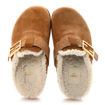 FENDI Suede Shearling Fendi Feel Buckled Clogs 36.5 Caramel Latte