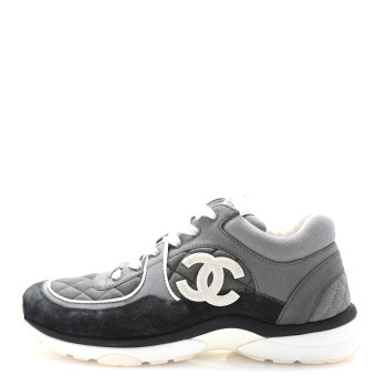 CHANEL Fabric Suede Calfskin Quilted CC Sneakers 40 Dark Grey
