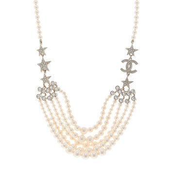 CHANEL Pearl Crystal Star CC Multi Strand Necklace Pearly White Silver