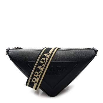 PRADA Saffiano Cuir Triangle Logo Embossed Triangle Shoulder Bag Black