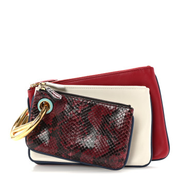 FENDI Calfskin Snakeskin F is Fendi Triplette Pouch Set Red Multicolor