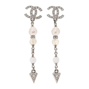CHANEL Crystal Pearl Bead CC Drop Earrings Silver White