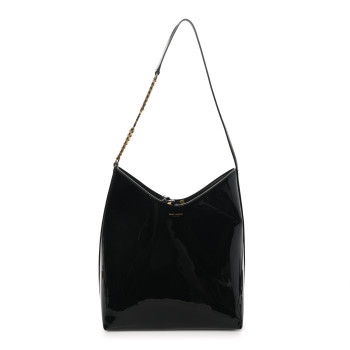 SAINT LAURENT Patent Calfskin Rendez-Vous Hobo Black
