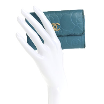CHANEL Lambskin Camellia Embossed Flap Card Holder Blue
