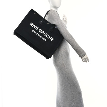 SAINT LAURENT Linen Calfskin Rive Gauche Tote Black