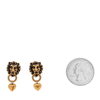 GUCCI Metal Lion Head Heart Drop Earrings Aged Gold