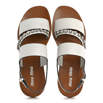MIU MIU Vitello Crystal Flat Sandals 37 White