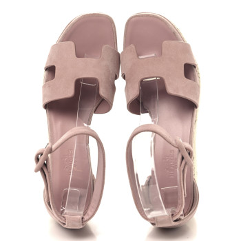 HERMES Suede Goatskin Elda Espadrille Wedge Sandals 37 Rose Aquarelle