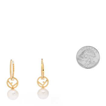 FENDI Metal Pearl Logo Hoop Drop Earrings Gold