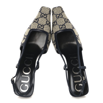 GUCCI GG Monogram Malaga Kid Crystal Square G 75mm Slingback Pumps 36.5 Beige Blue