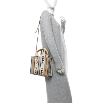 CHLOE Cotton Calfskin Small Woody Ribbon Tote With Strap Soft Tan