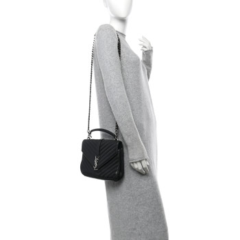 SAINT LAURENT Sheepskin Matelasse Chevron Monogram Medium College Bag Black