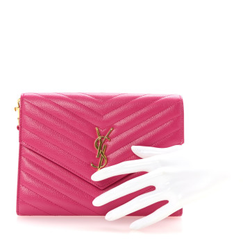SAINT LAURENT Grain De Poudre Matelasse Chevron Monogram Envelope Clutch Fuchsia