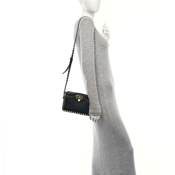VALENTINO GARAVANI Grained Calfskin Rockstud Flip Lock Camera Crossbody Bag Black