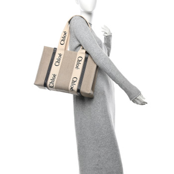 CHLOE Cotton Calfskin Medium Woody Ribbon Tote White Blue