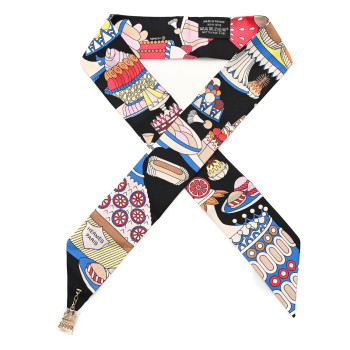 HERMES Silk La Patisserie Francaise Charms Twilly Charms Black White Bleu