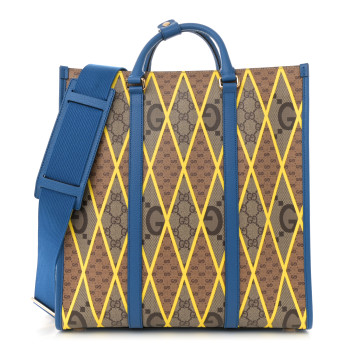 GUCCI GG Supreme Monogram Mix Textured Dollar Calfskin Rhombus Inlay Large Tote Bag Beige Ebony Harvest Joy Blue