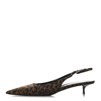 SAINT LAURENT Canvas Leopard Print Quadria 30 Slingback Pumps 39.5 Manto Naturale