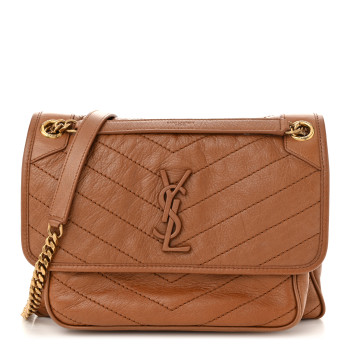 SAINT LAURENT Crinkled Calfskin Matelasse Monogram Medium Niki Chain Satchel Caramel