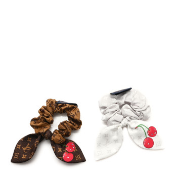 LOUIS VUITTON LV X TM Monogram Cerises Silk Scrunchies Set White Brown