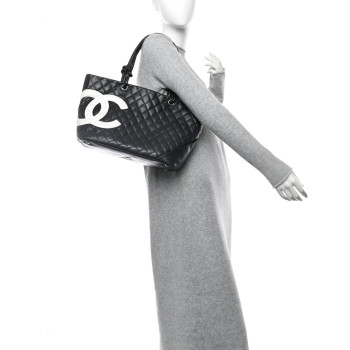 CHANEL Calfskin Quilted Large Cambon Tote Black White