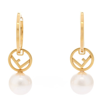 FENDI Metal Pearl Logo Hoop Drop Earrings Gold