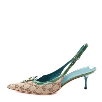 GUCCI GG Monogram Patent 75mm Slingback Pumps 11 Beige Green