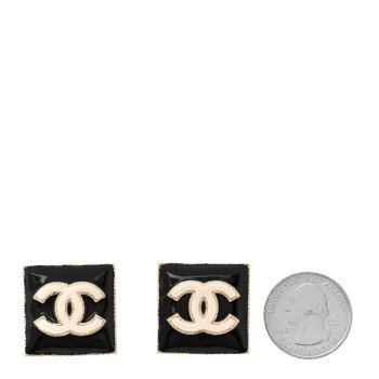 CHANEL Enamel CC Square Earrings Black White