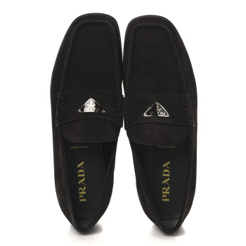 PRADA Vitello Scamosciato Metal Triangle Logo Mens Loafers 9.5 Brown