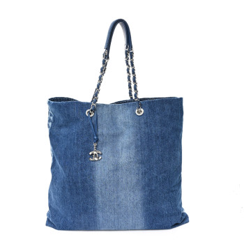 CHANEL Denim Printed Shopping Bag Blue