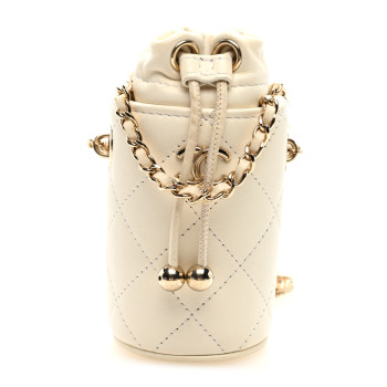 CHANEL Lambskin Quilted Mini Bucket Bag With Chain White