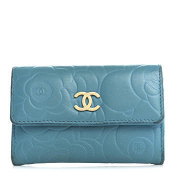 CHANEL Lambskin Camellia Embossed Flap Card Holder Blue