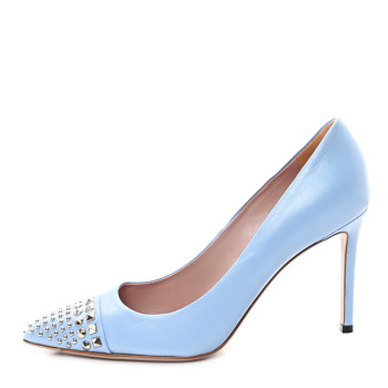 GUCCI Malaga Kid Studded Cap Toe Coline Pumps 37.5 Mineral Blue