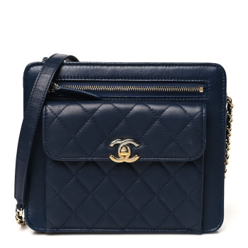CHANEL Lambskin Quilted Square Front Pocket Clutch With Chain Navy Blue
