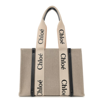 CHLOE Cotton Calfskin Medium Woody Ribbon Tote White Blue