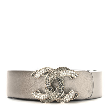 CHANEL Metallic Calfskin Crystal CC Chain Belt 85 Silver
