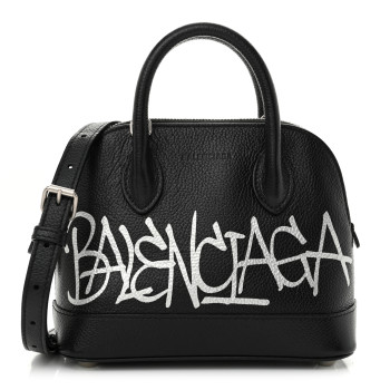 BALENCIAGA Grained Calfskin Graffiti Print Logo XXS Ville Top Handle Bag Black Silver