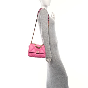 CHANEL Shiny Lambskin Quilted Medium Chanel 19 Flap Neon Pink