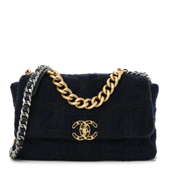 CHANEL Tweed Quilted Large Chanel 19 Flap Navy Blue