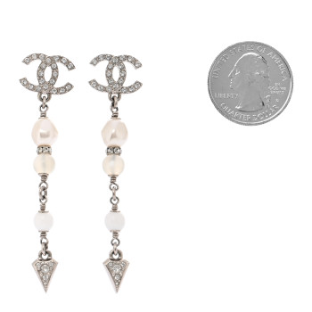 CHANEL Crystal Pearl Bead CC Drop Earrings Silver White