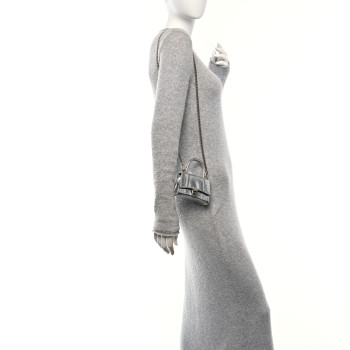 BALENCIAGA Metallic Calfskin Crocodile Embossed Hourglass Top Handle Bag Mini with Chain Silver