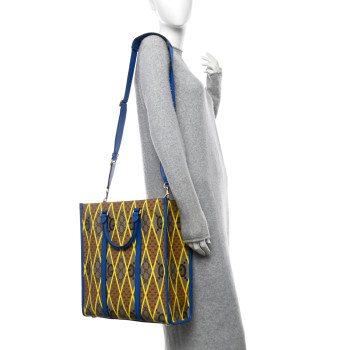 GUCCI GG Supreme Monogram Mix Textured Dollar Calfskin Rhombus Inlay Large Tote Bag Beige Ebony Harvest Joy Blue