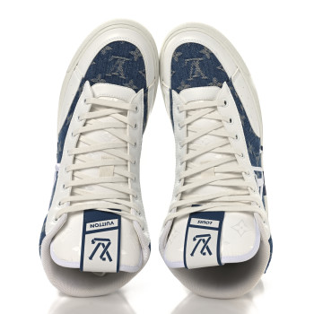 LOUIS VUITTON Calfskin Monogram Denim Mens Charlie High Top Sneakers 9 White Blue