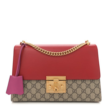 GUCCI GG Supreme Monogram Calfskin Medium Padlock Shoulder Bag Beige Hibiscus Red New Rosette