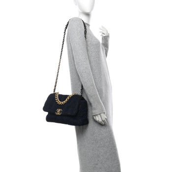 CHANEL Tweed Quilted Large Chanel 19 Flap Navy Blue
