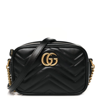 GUCCI Calfskin Matelasse Mini GG Marmont Chain Shoulder Bag Black
