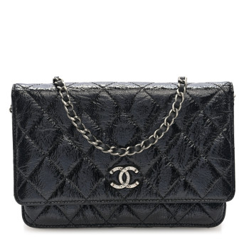 CHANEL Patent Goatskin Quilted Paris Dallas Wallet On Chain WOC Black
