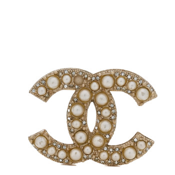 CHANEL Metal Crystal Graduated Pearl CC Brooch Gold