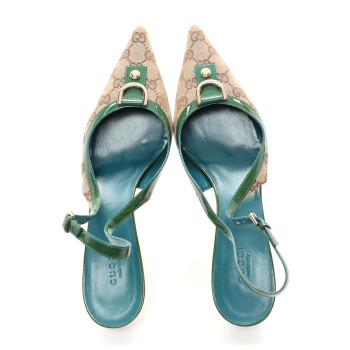 GUCCI GG Monogram Patent 75mm Slingback Pumps 11 Beige Green