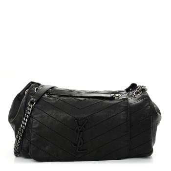 SAINT LAURENT Pebbled Lambskin Chevron Monogram Large Nolita Black